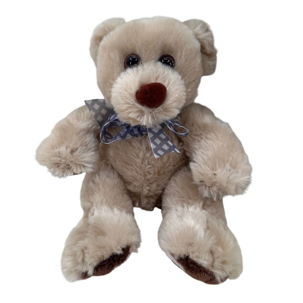 First & Main Newton‎ Teddy Bear Plush Tan 11" Stuffed Animal Blue Bow Kids Lovey
